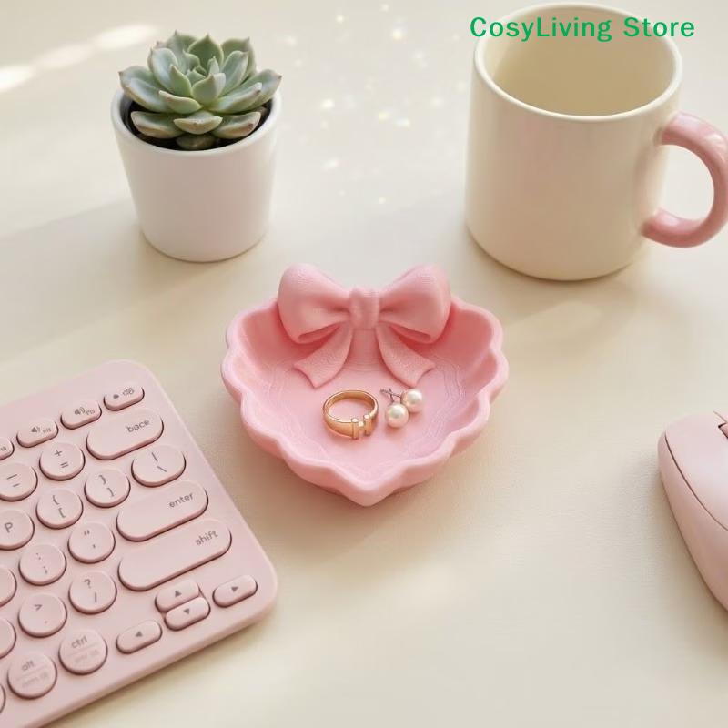 [CL]3D Printed Heart-Shaped Jewelry Tray With Pink Bow Elegant Decor For Table Sink & Office Desk Perfect For Jewelry Storage