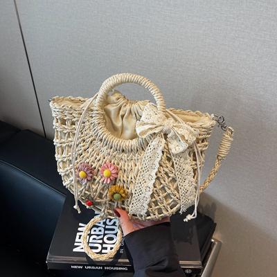 Lace Strap Straw Bag Fashion Vegetable Basket Woven Bag Shoulder Messenger Women's Bag Seaside Vacation Beach Bag