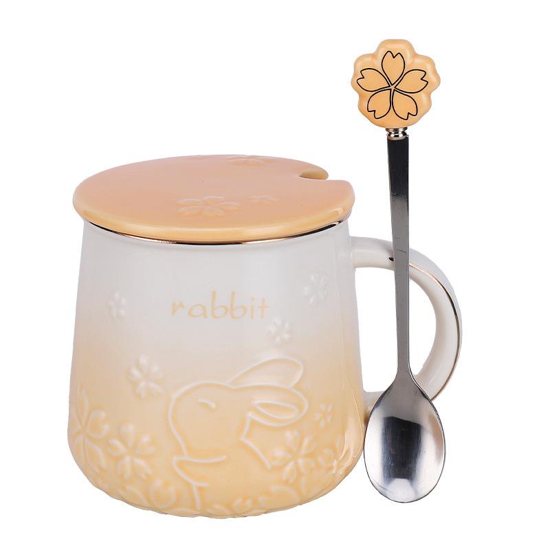 ins relief rabbit ceramic cup with lid with spoon mug household women s office water cup couple coffee cup 420ML
