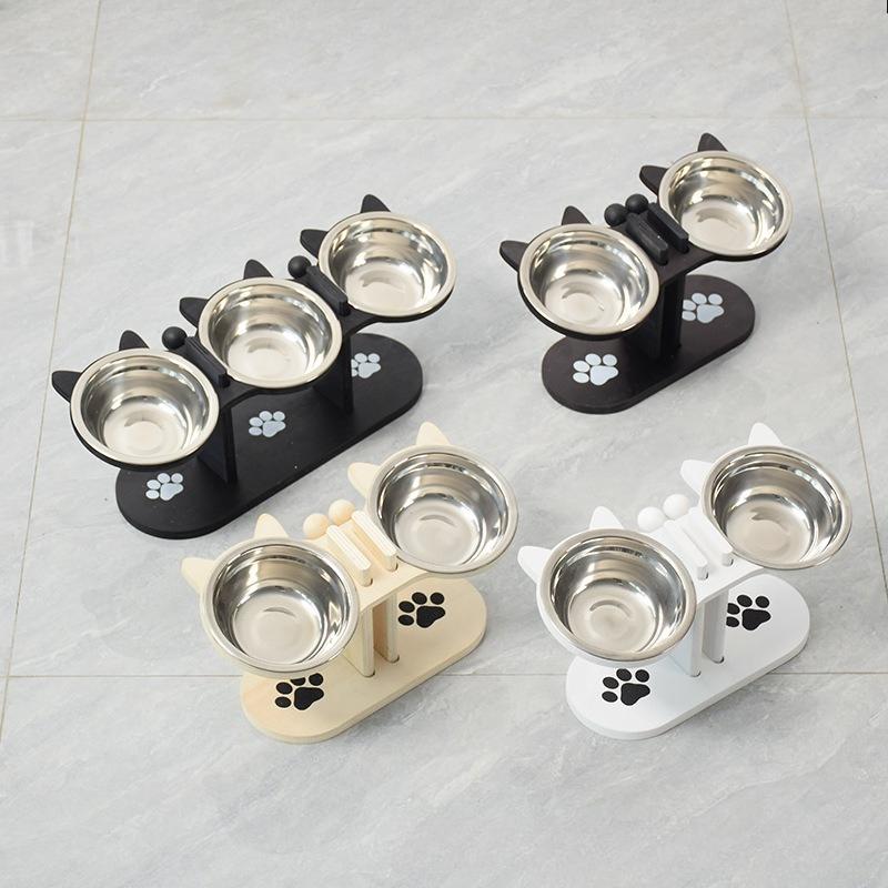 Wooden pet bowl rack, home standing pet feeder, cat and dog angled drinking stand, tableware