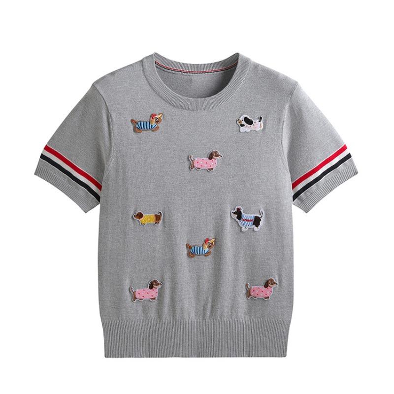 Summer Women Designer O-neck Short Sleeve Embroidery Cartoon Dog Knitted Sweater Pullover Tops For College Girls
