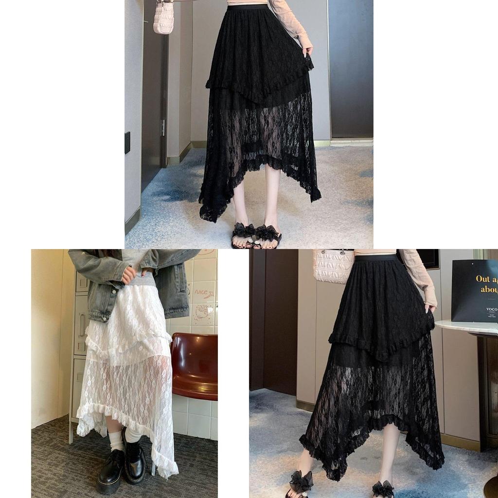Elegant Lace Cake Skirt With High Waist And Ruffle Hem For Womens Spring Fashion