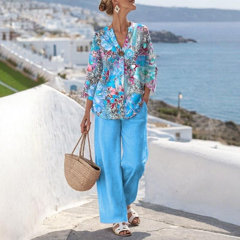 New European and American style sleeveless digital printing wide-leg pants set women's summer casual fashion two-piece set trendy