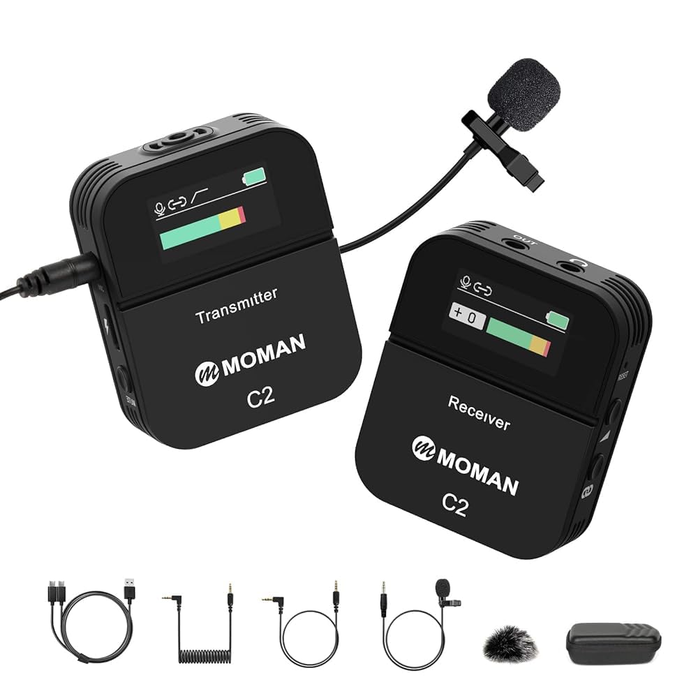 

Wireless Lapel Microphone, Moman C2 Wireless Microphone System for DSLR Cameras, Video Cameras, Smartphones, and PCs, Includes One Transmitter and One