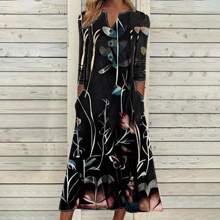 2023 Autumn Women Printed Maxi Dress Long Sleeve Open Chest Skirt Fashion Trendy