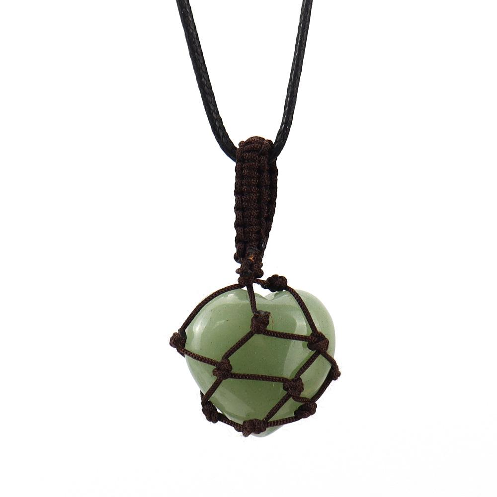Natural Crystal Tiger Stone Agate Heart-Shaped Love Hand-Woven Mesh Pocket Pendant Necklace N704