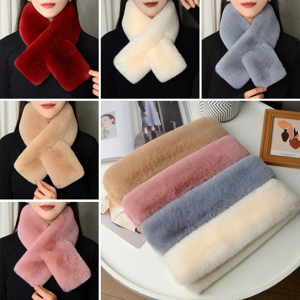 Winter Warm Plush Cross Scarf Thickened Soft Neckerchief Wrap Solid Color Faux Rabbit Fur Scarf Autumn Winter