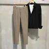 Fashion Men Slim Fit Dark Gray Smart Casual Suit Pants Spring Summer New Ice Silk High Elasticity Business Cropped Trousers