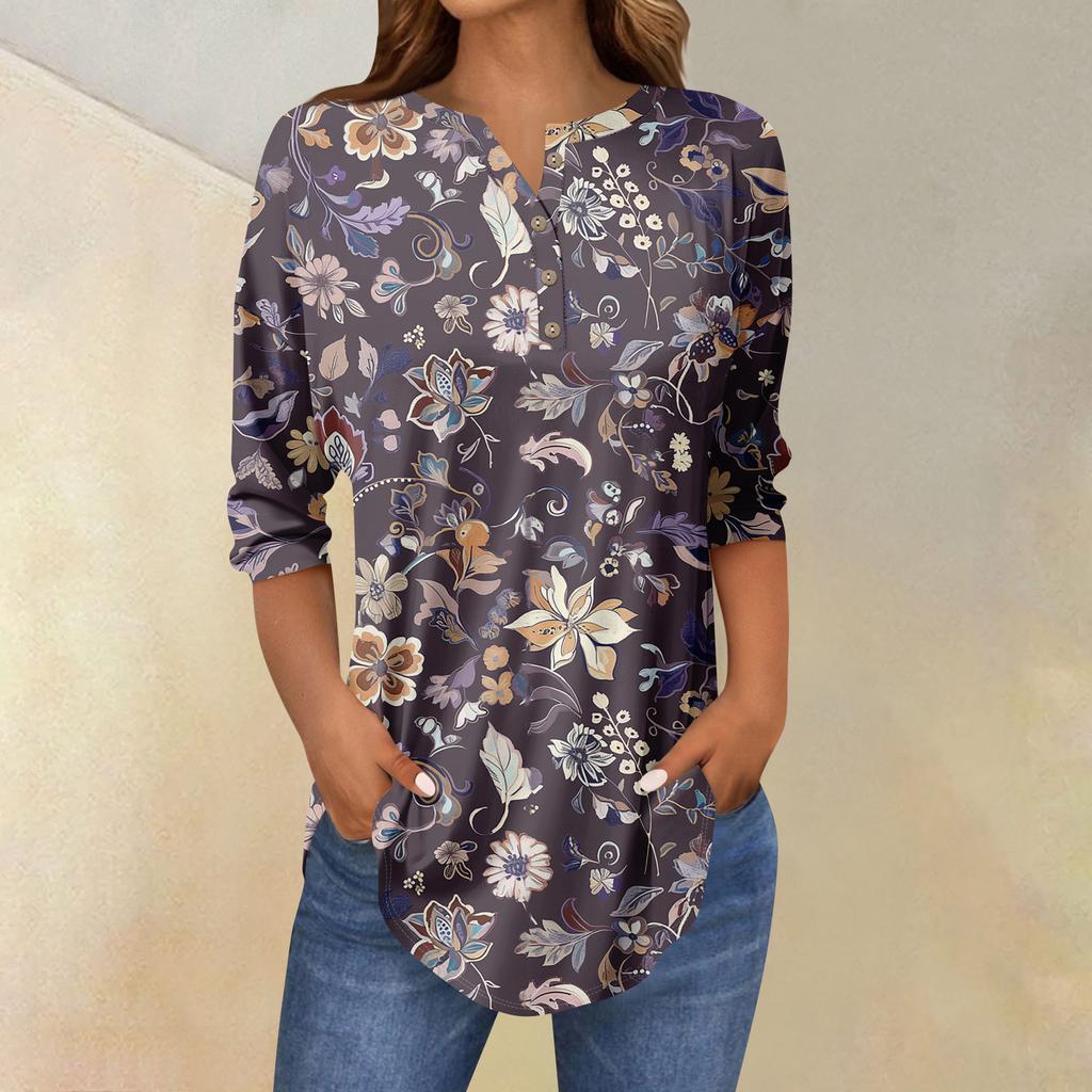 Tee Shirts For Women Fall Casual 3/4 Long Sleeve Button Shirts Sweatshirt Vintage  Top Pullover