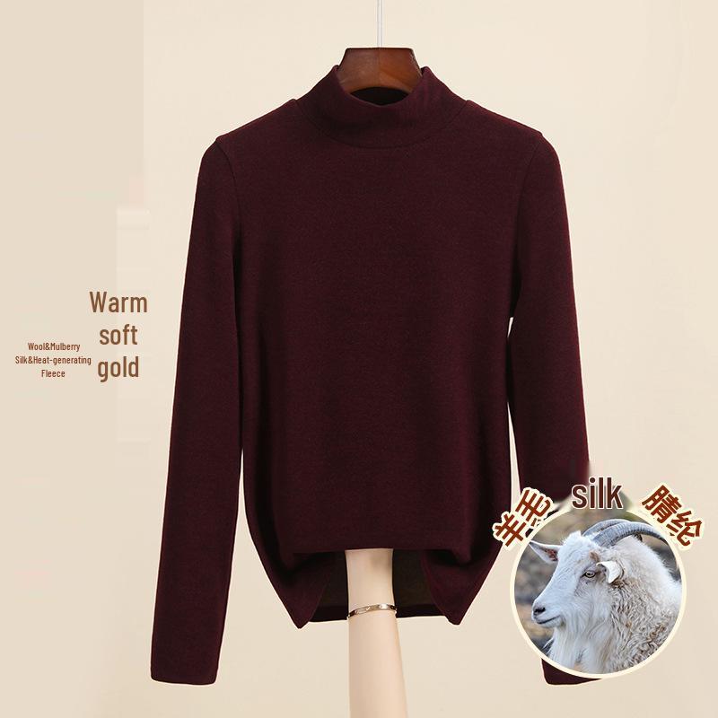 Women's Mulberry Silk Wool Fleece-Lined Warm Base Layer, Mid-High Neck, Autumn/Winter 2025 Collection