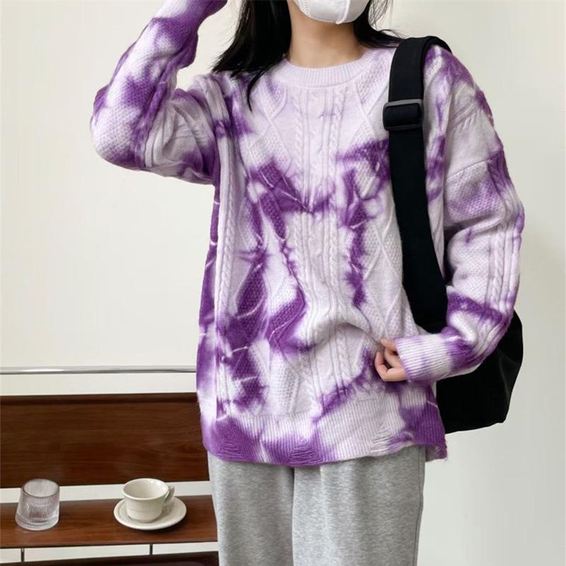 Contrasting Color Tie-dye Design, High-end Round Neck Casual Pullover, Autumn and Winter Large-size Knitted Sweater for Women