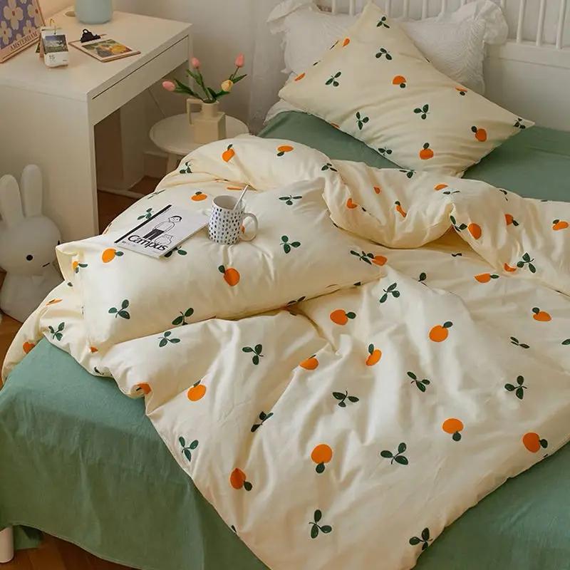 Kawaii Cherry Duvet Cover Set Pillowcase Flat Sheet Floral Boys Girls Twin Full Size Soft Bedding Kit Korean Ins Style Home Use