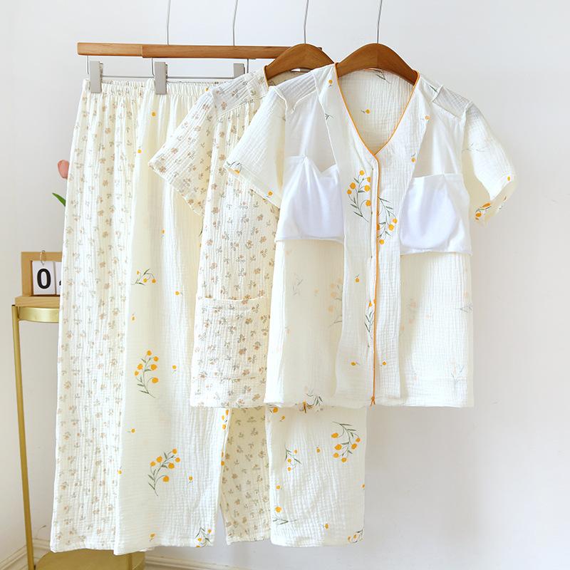 2026 New Women's Spring/Summer Pajama Set 100% Cotton Crepe Short Sleeve Pants with Chest Mat Two Piece Set Large Home Clothes