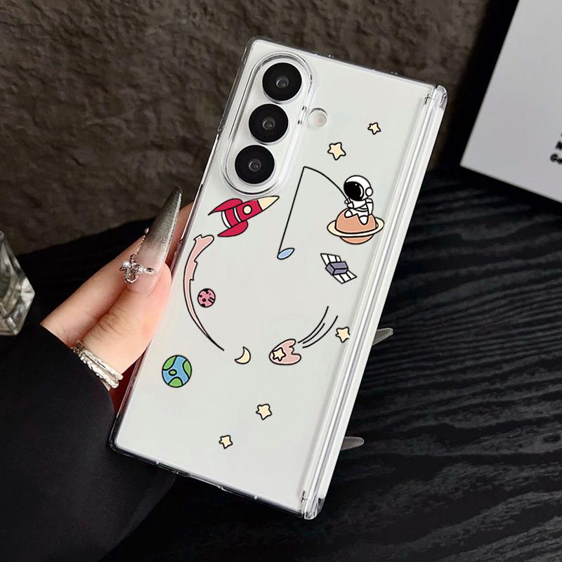 Magnetic Adsorption Phone Case For Samsung Galaxy Z Fold 7 6 5 Fold7 Fold6 Fold5 5G Cute Astronaut Print Clear Shockproof Cover