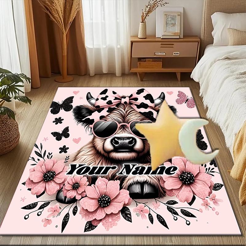 1PC Custom Name Cow With Pink Bow And Sunglasses Theme Floor Mat Ideal for Living Room, Game Rooms, Office, Bedroom,Floor Mat Playful Design48