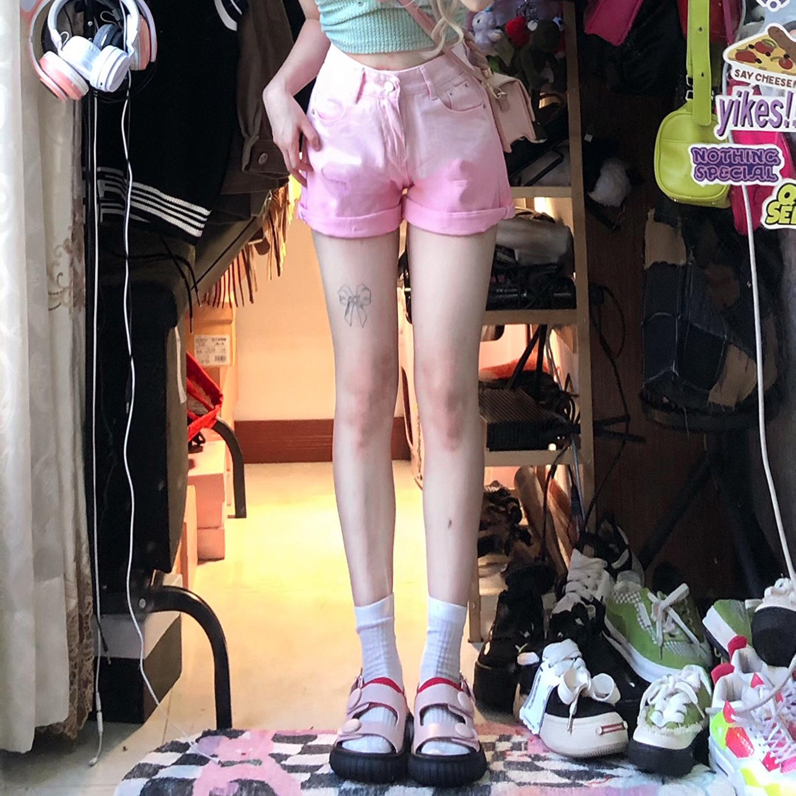 

Зеленые градиентные джинсовые шорты для женщин Летом Новые Свободные Корейский стиль Универсальные С высокой талией А-силуэта Широкие штанины XL розовый