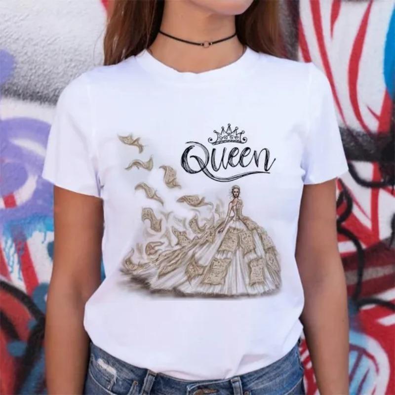 Camiseta de Verano de Cuello Redondo con Estampado 3D de Patrón de Reina, Camisetas de Mujer Casuales de Moda de Manga Corta