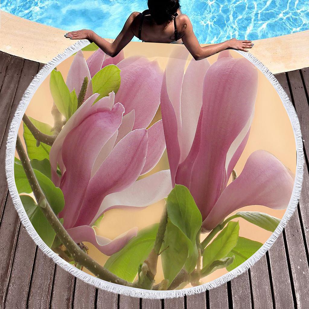 Elegant Magnolia Flower Round Beach Towel,Polyester Sand Resistant Shawl Beach Blanket,Absorbent Quick Dry Pool Towel Picnic Mat