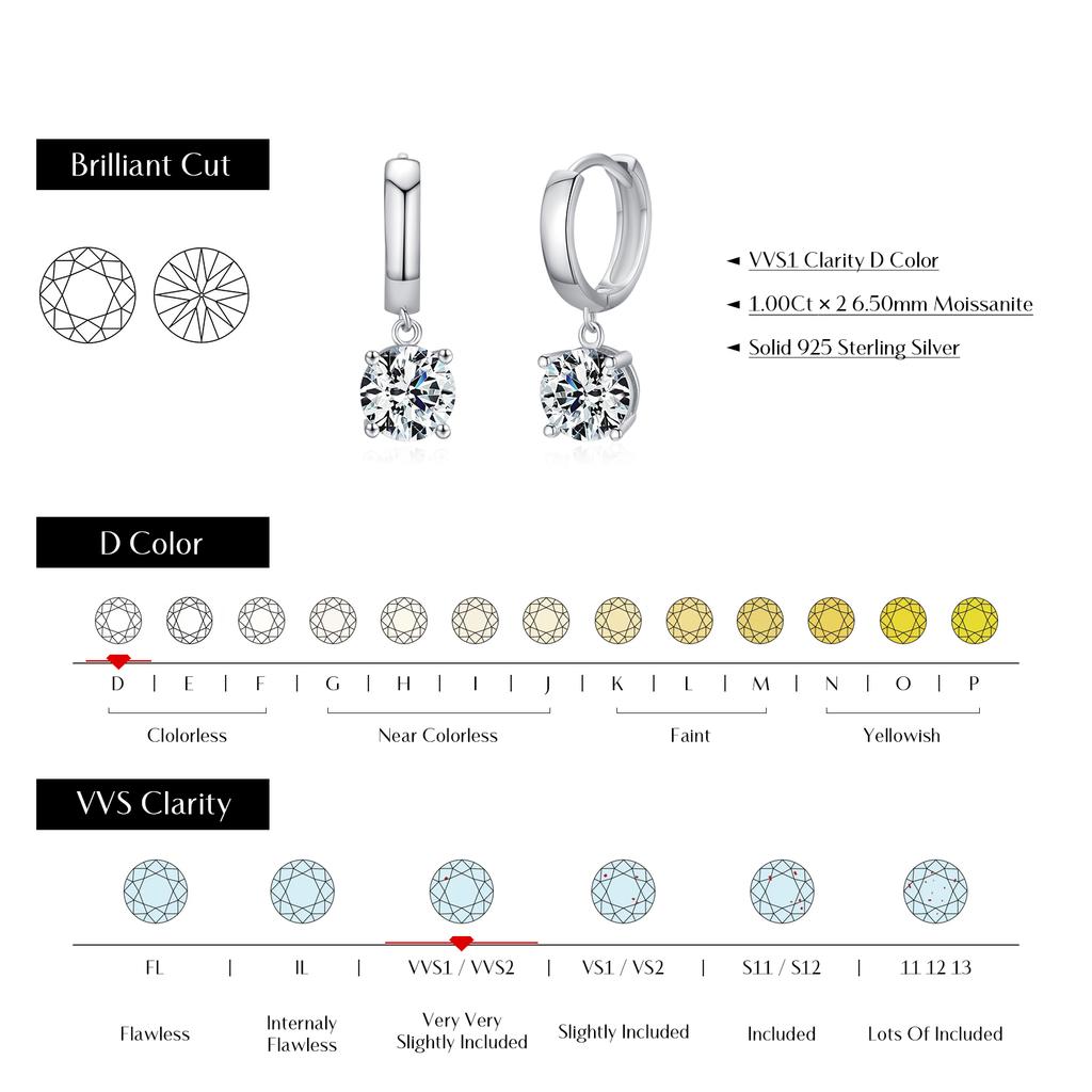 1.0CT D Color Moissanite Hoop Earrings Lab Created Diamond For Women 925 Sterling Silver Wedding Fine Jewelry Gift