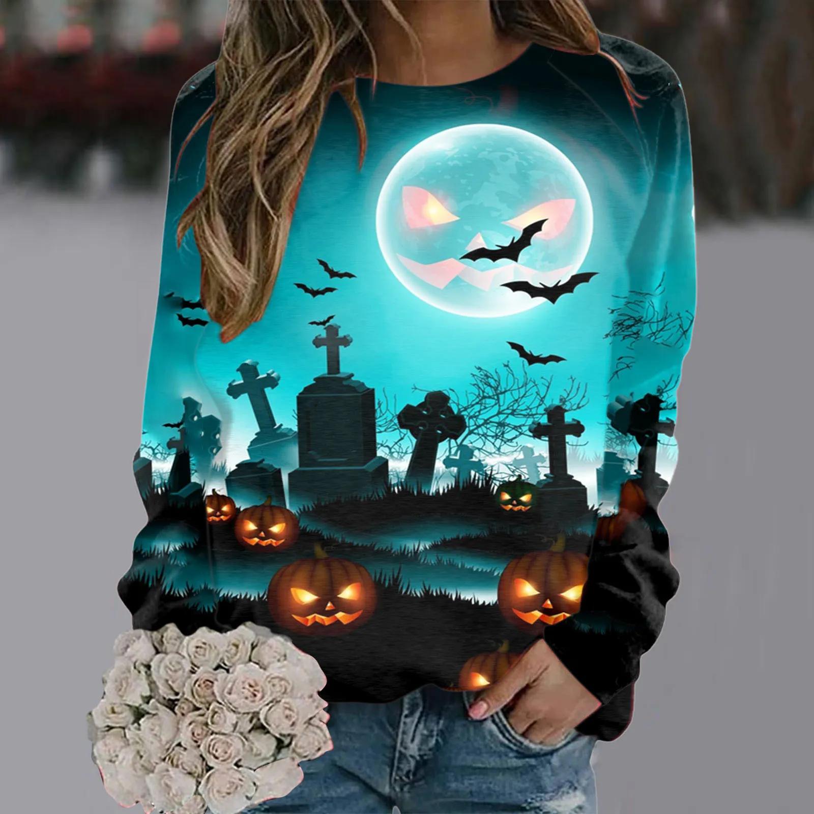 

Модная футболка с длинными рукавами на Хэллоуин, толстовка для девочек, винтажная одежда в стиле Харадзюку, женские толстовки с 3d тыквой и милым принтом кота 2XL