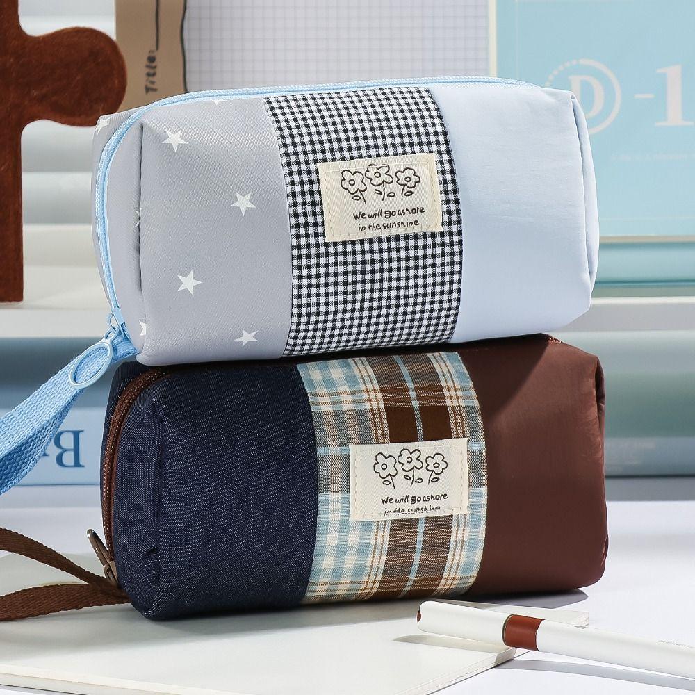 Large Capacity Pen Bag Plaid Color-Blocking Stationery Bag Korean Pencil Pouch  Gift