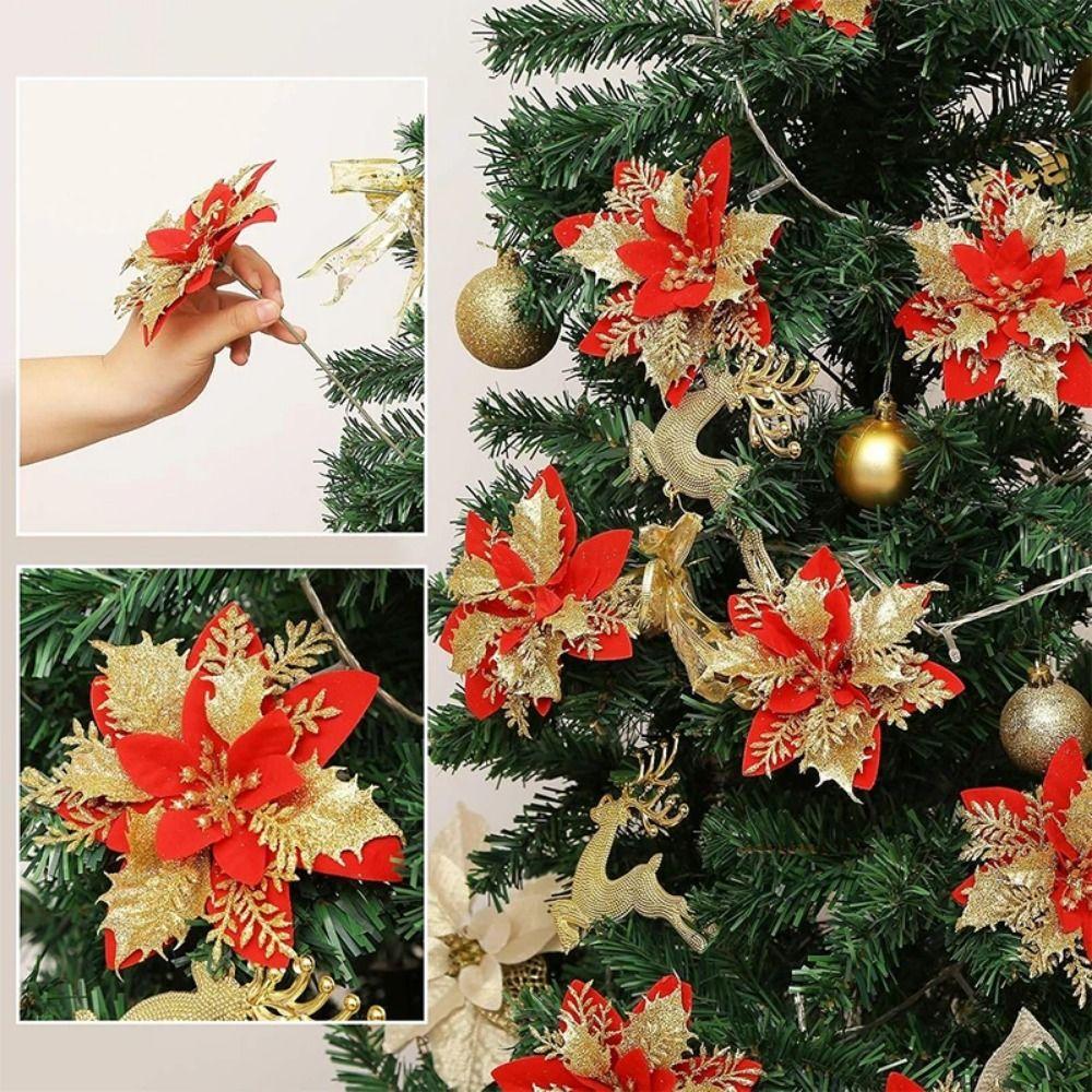 10Pcs with Clips Artificial Flowers for Christmas Tree Christmas Fake Flowers Pendant Home Decor