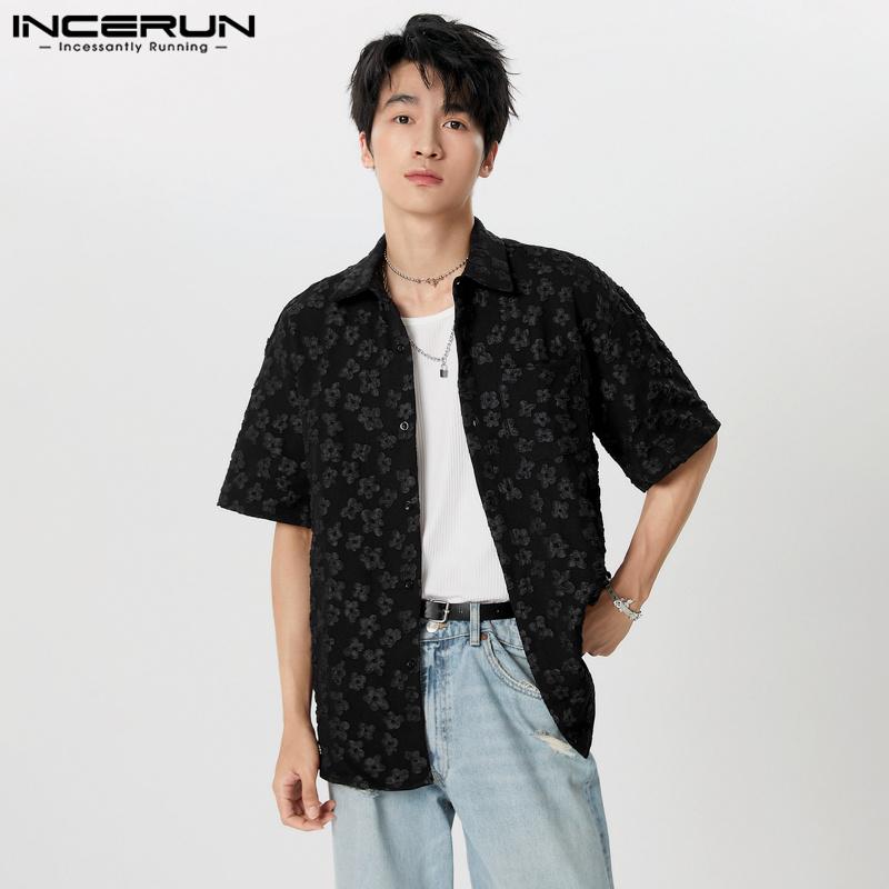 

INCERUN Летние мужские футболки с цветочным узором, вязаные крючком, короткие рукава, повседневные топы 2XL