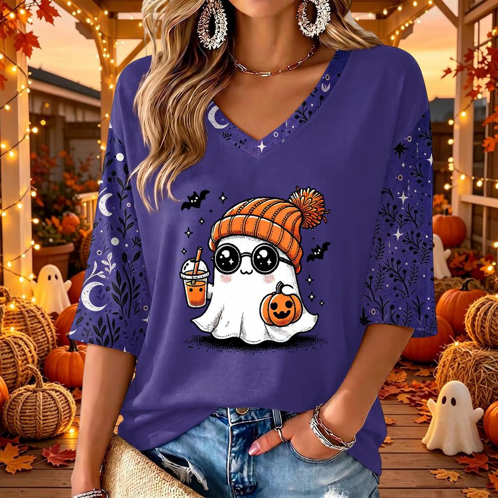Women's V-Neck Halloween Print 3/4 Sleeve Casual Top