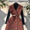New 2024 Autumn Winter Black Knitted Sweater Tops Suits For Women Notched Collar Sleeveless Tank Double-Breasted Belt Dress Sets