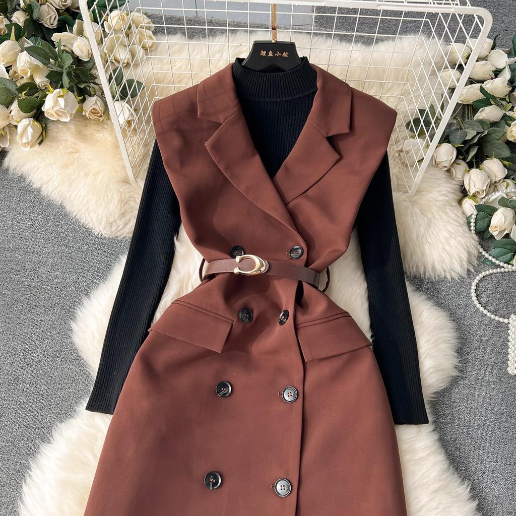 New 2024 Autumn Winter Black Knitted Sweater Tops Suits For Women Notched Collar Sleeveless Tank Double-Breasted Belt Dress Sets