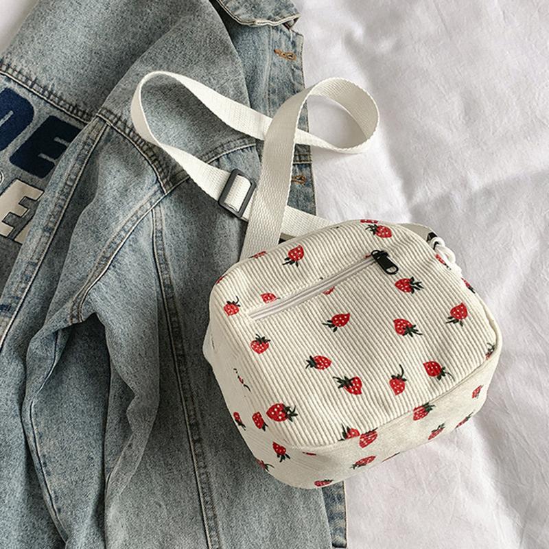 Cute Strawberry CorduroyShoulder Bag Casual Zipper Trendy Crossbody Bag Tote Handbag for Women Girls Travel Work Messenger Bag CLE