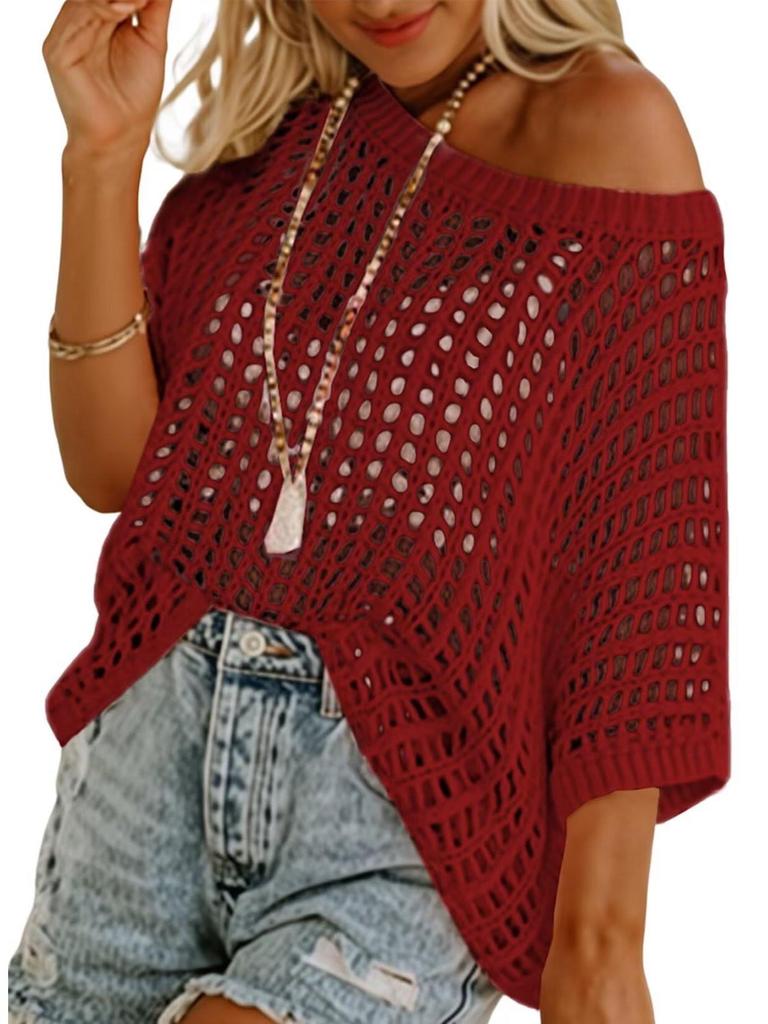 2025 Summer Women's Five-Sleeve Sexy Cutout Knit Beach Cover-Up Sweater