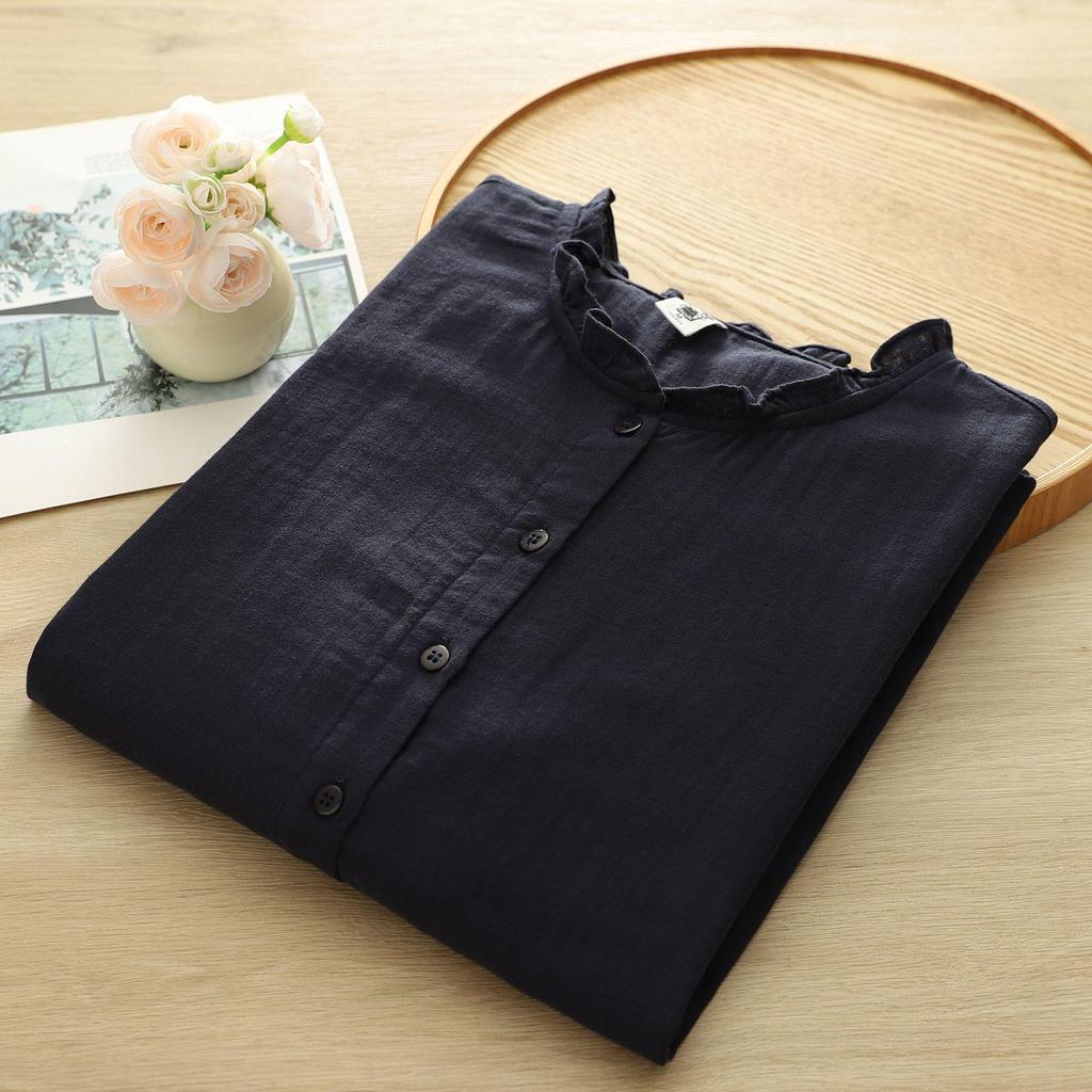 Japanese Style Women's Long Sleeve Lace Collar Shirt: Double Layer Cotton Gauze Loose Blouse