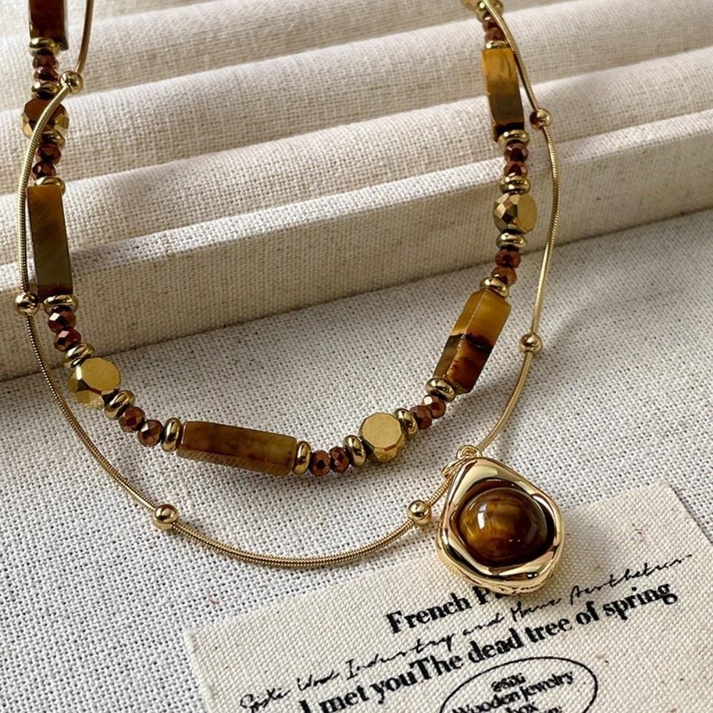 Stacking Sweater Chain Alloy Clavicle Chain Retro Tiger Eye Stone Pendant Necklace