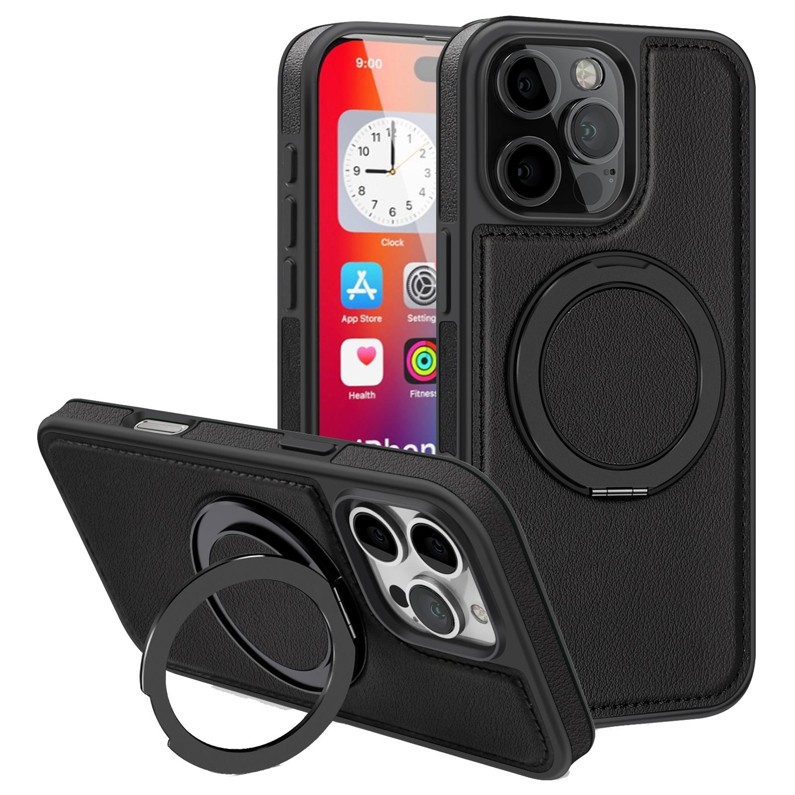 

For iPhone 16 Pro Magnetic Case Rotate Ring Kickstand PU Leather+PC+TPU Back Cover Black