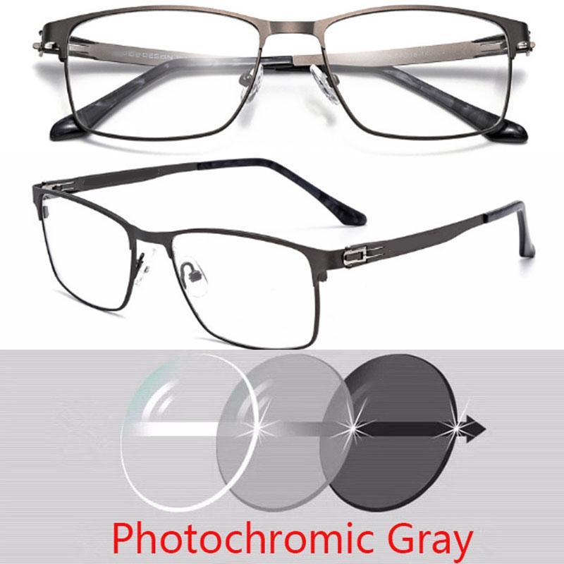 No Screws Design Sun Photochromic Gray Square Prescription Eyeglasses Full Metal Men Power Spectacles 0 -0.5 -0.75 -1.0 To -6.0