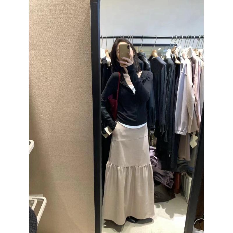 Spring Semi-zipper Contrasting Fake Two-piece Shirt Women's Top Waist Pinch Pleated Long-sleeved Retro Bottoming Shirt