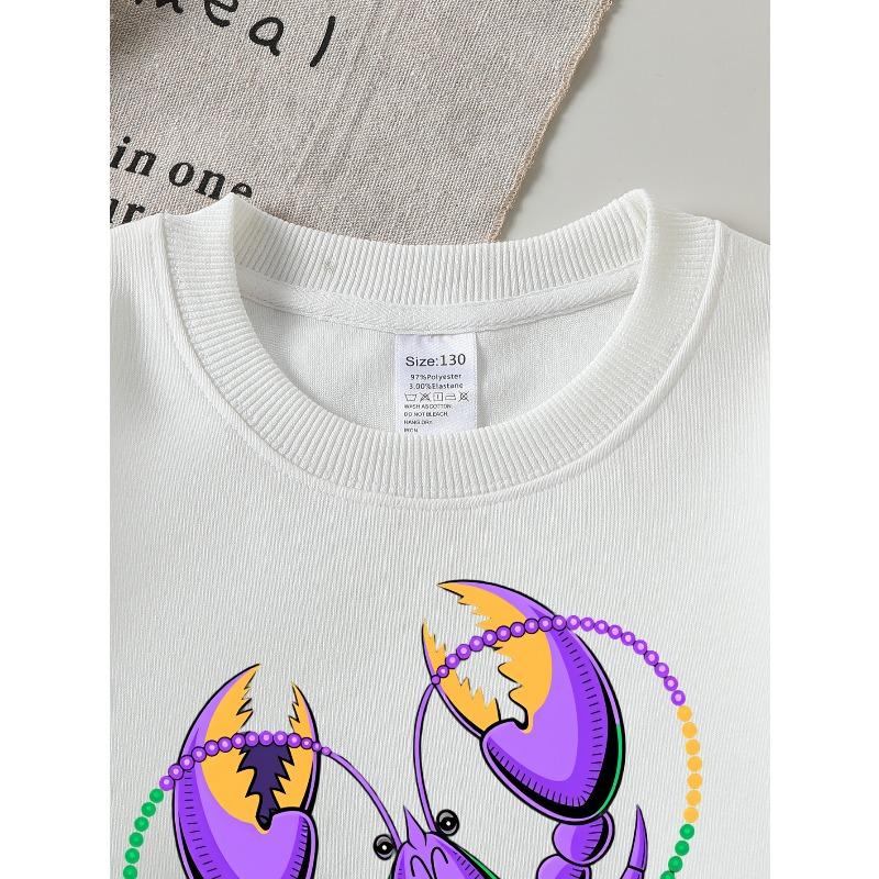 Kids Sweatshirt Purple Lobster Patterned Crewneck Sweatshirt for Girls, Featuring Beads. Suitable for Machine Washing, Ideal for Spring And Autumn