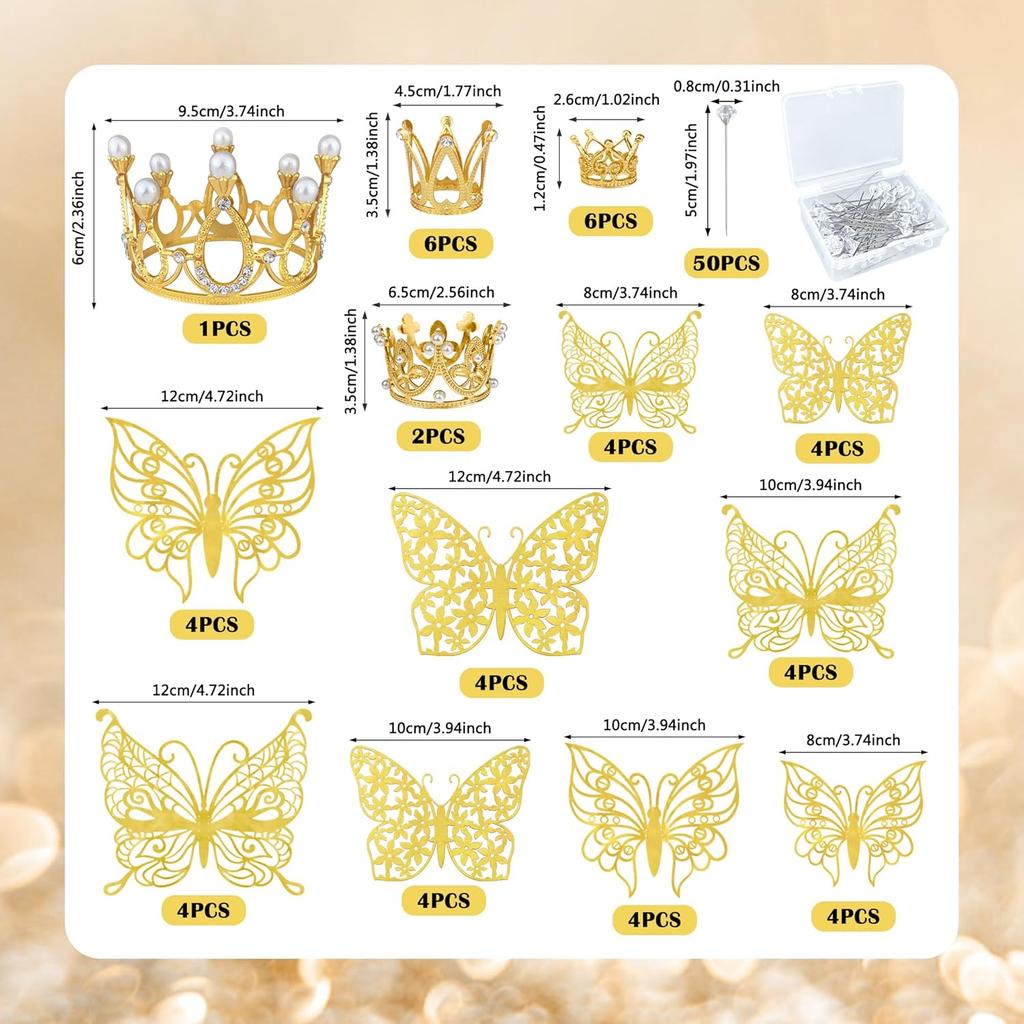 51 PCS Gold Crowns for Flower Bouquets Flower Bouquet Accessories Including 15 PCS Bouquet Crown 36 PCS Butterfly Decorations and 50 Pcs Flower Pins
