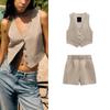 Blended High Waist Casual Shorts Waistcoat Vest Linen