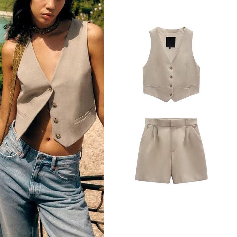 Blended High Waist Casual Shorts Waistcoat Vest Linen