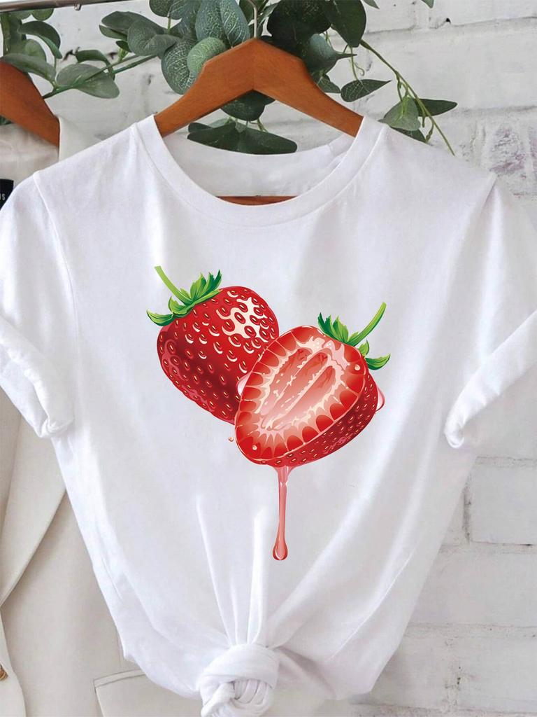 Strawberry Print TShirt ShortSleeve Crew Neck Casual AllSeason Top Womens Cotton Fashion Round Neck ShortSleeve TShirt