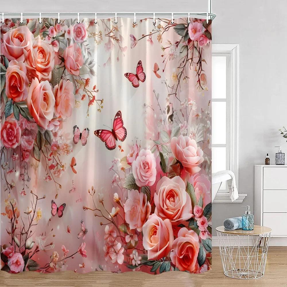 Romantic Rose Shower Curtain - Vibrant Floral & Butterfly Designs for Elegant Bathroom Décor, Waterproof, Easy Care & Soft Touch