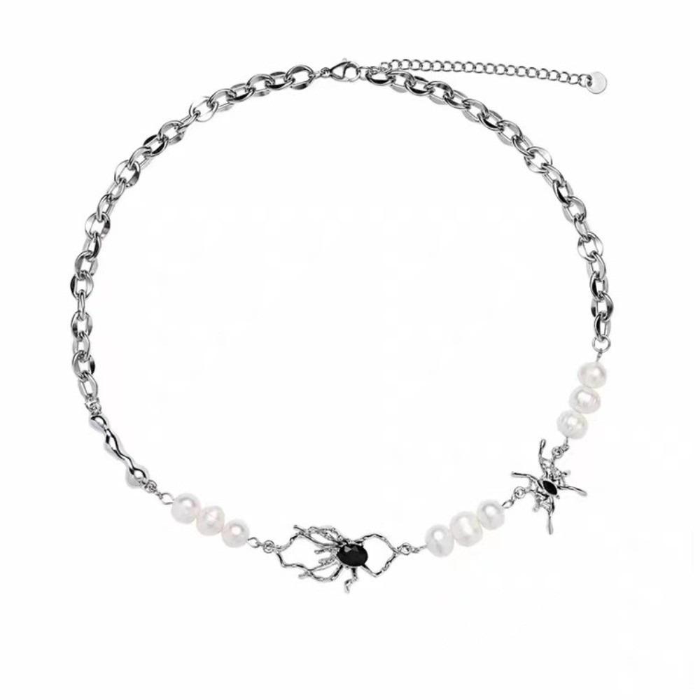 Antique Silver Color Clavicle Chain Stainless Steel Beads Chain Spider Necklace Men Women Jewelry