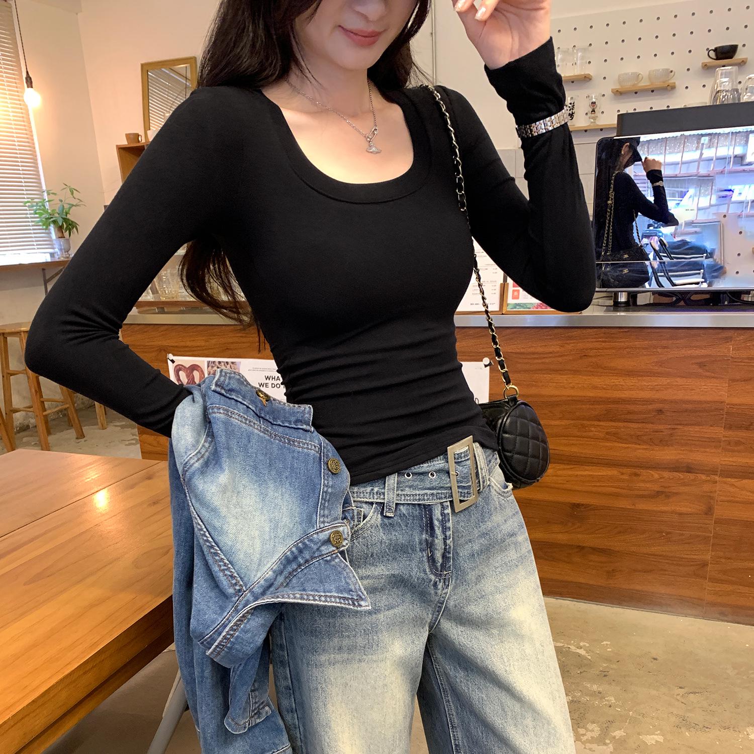 

Women s Korean Style Purple U-neck Long-Sleeve Base Layer Top with Padded Bust for Autumn/Winter Small чорний