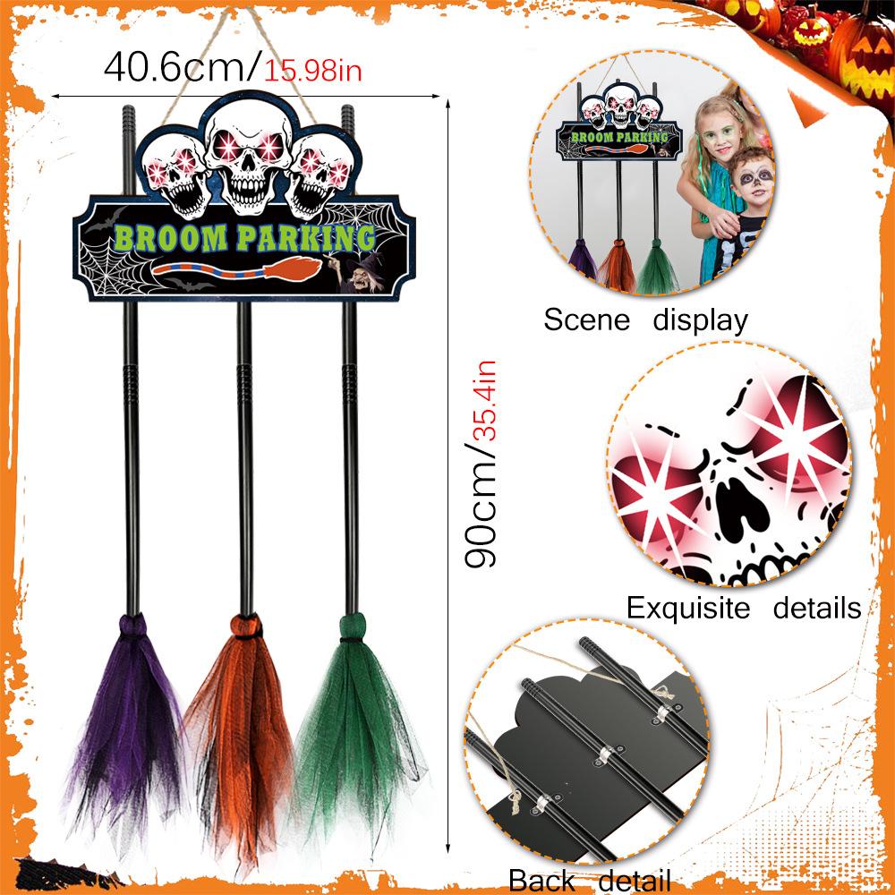 Halloween Decoration Broom Sign 3 Witches Brooms for Front Porch Wall Home Office Indoor Outdoor Wall Halloween Decoration