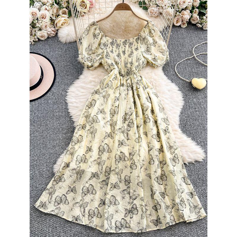 French style Retro Butterfly Print Square Collar Puff sleeve Dress Women Summer Lace-up Waist Hugging Slimming Big Hemline Long Dress