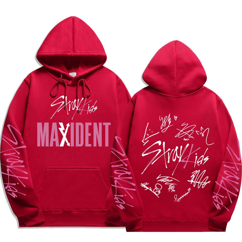 Sweat à capuche signature Stray Kids MAXIDENT Imprimés scriptés Stray Kids et au dos Stray Kids avec les signatures des 8 membres, Pullovers surdimensionnés pour fans de K-Pop