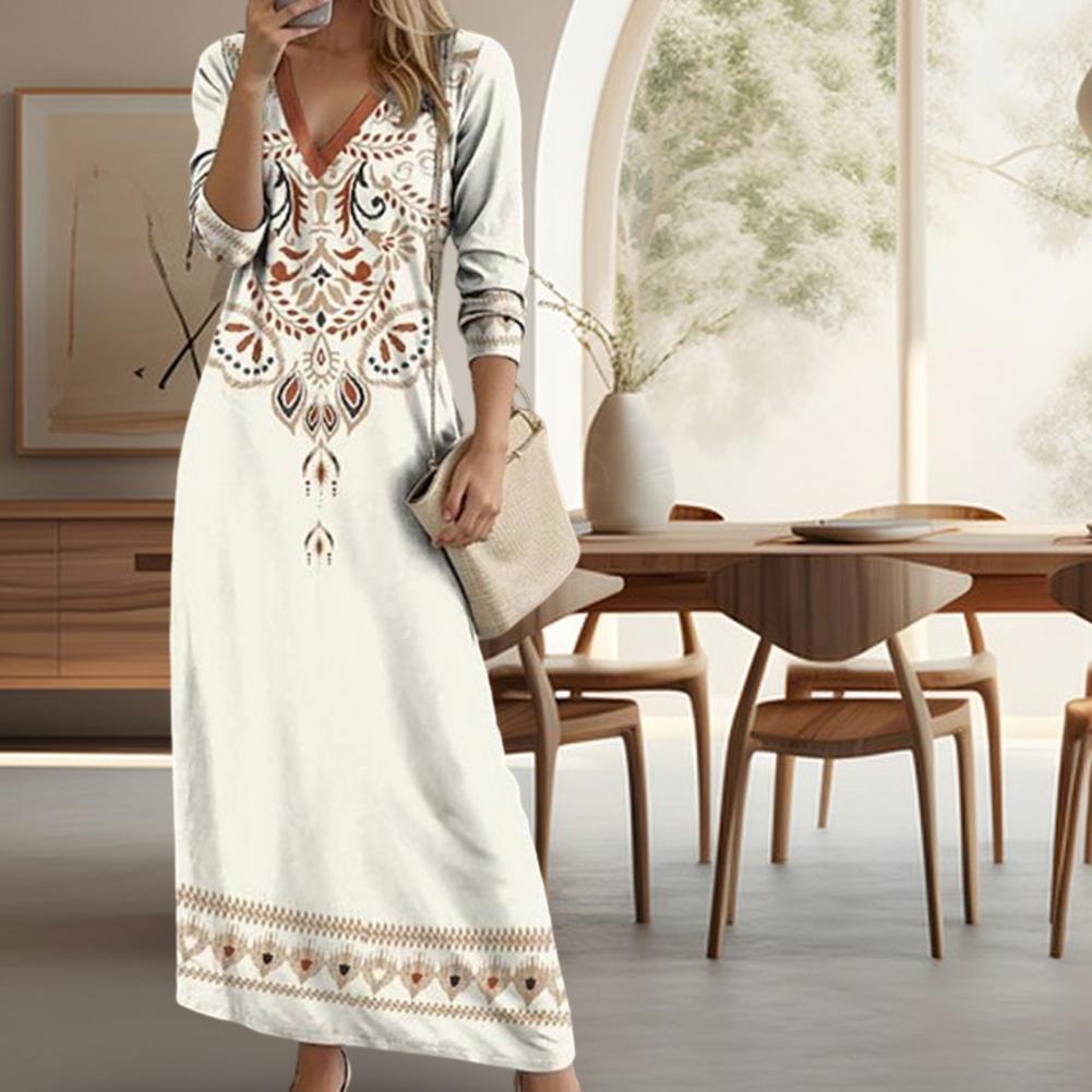Women V-neck Dress Bohemian V Neck Maxi Dress with Ethnic Print Long Sleeves for Women Soft Breathable Ankle Length A-line