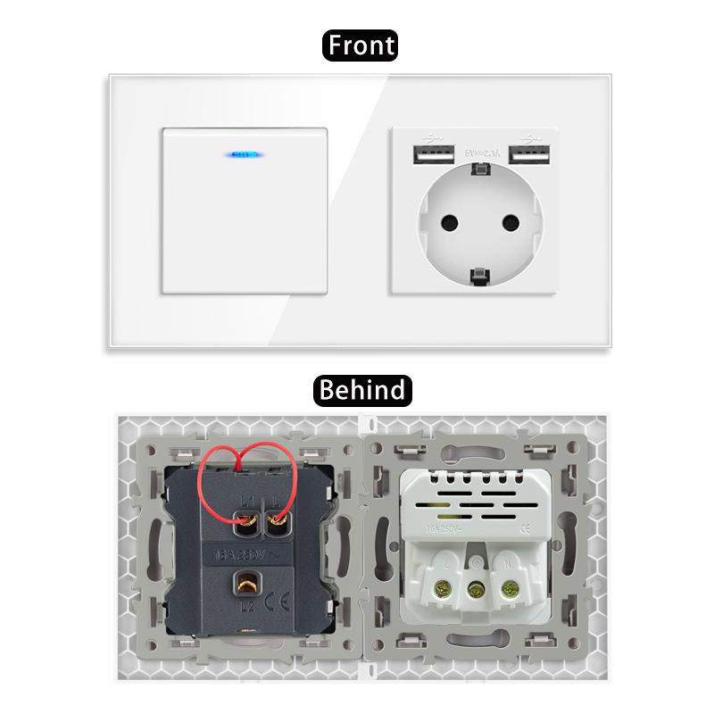 European Style Type 157 16A USB Wall Socket with LED Light, Glass Finish.